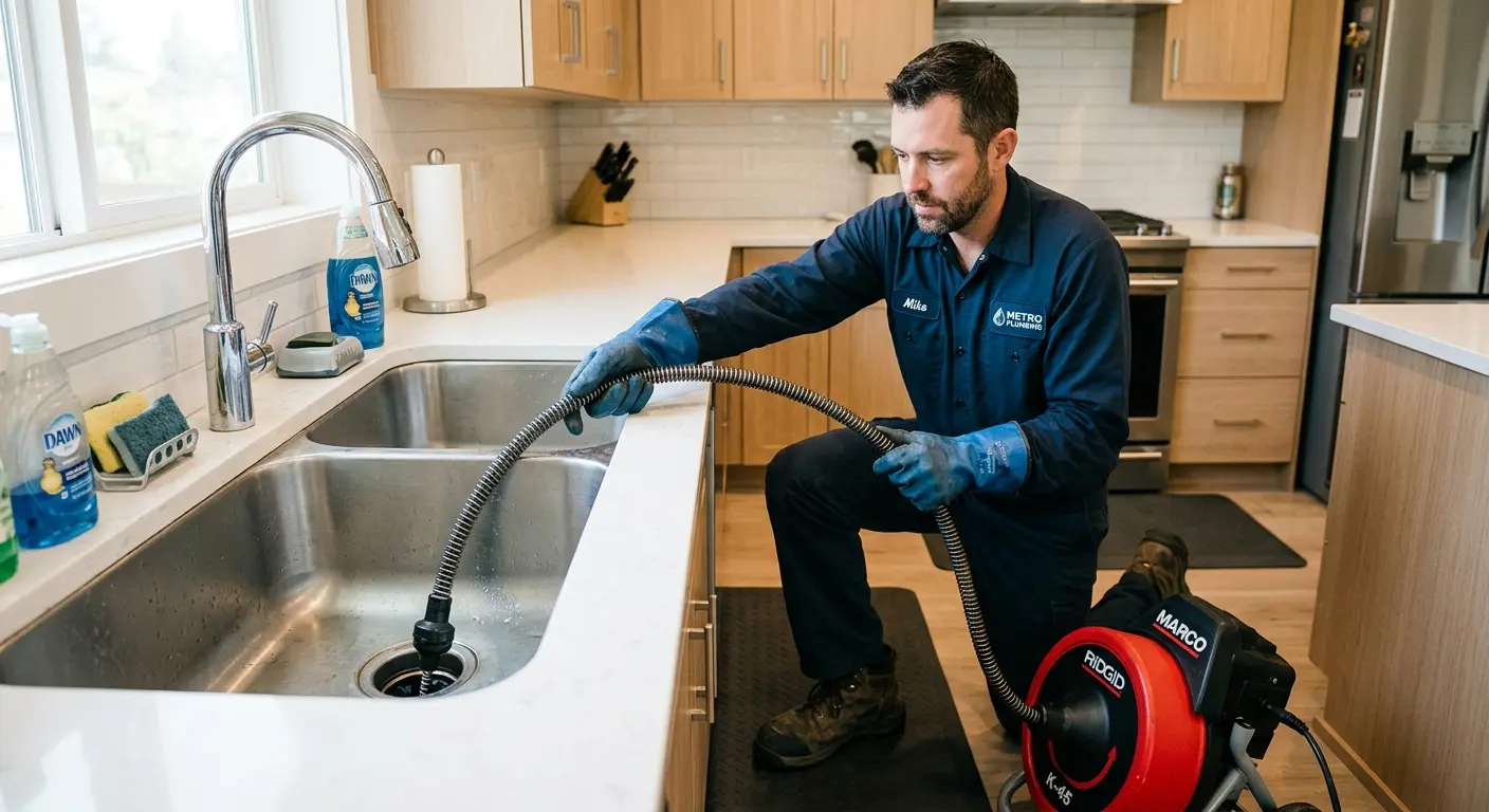 Drain cleaning technician using a motorized snake on a kitchen sink in Mullica