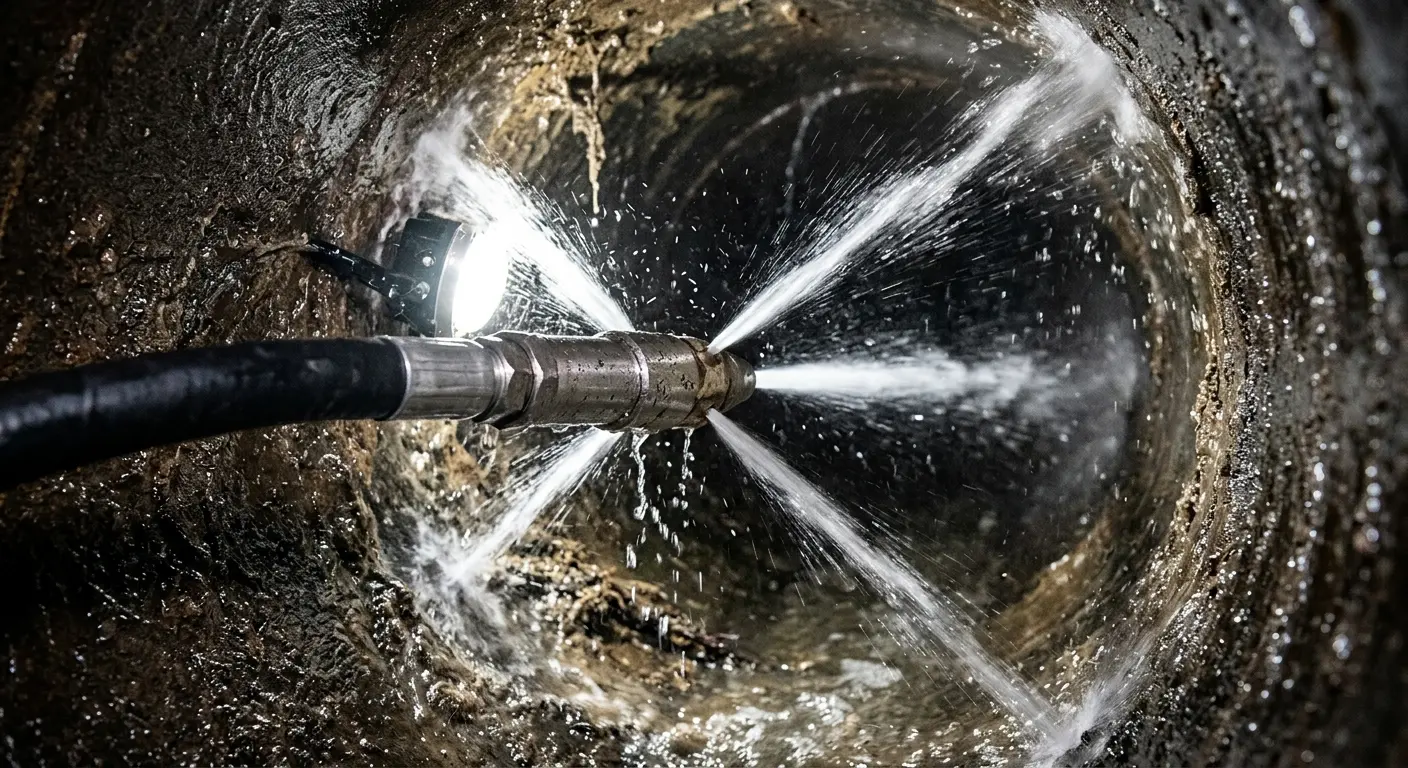 High-pressure hydro jetting nozzle cleaning sewer pipe for Trenchless Sewer Repair in Mullica
