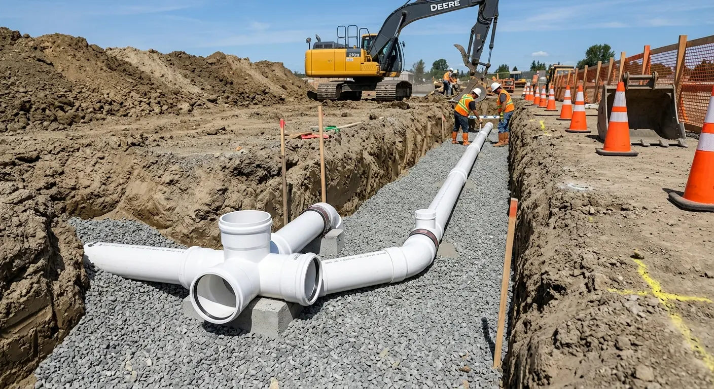 New PVC sewer pipe installation in open trench for Commercial Drain Cleaning in Mullica